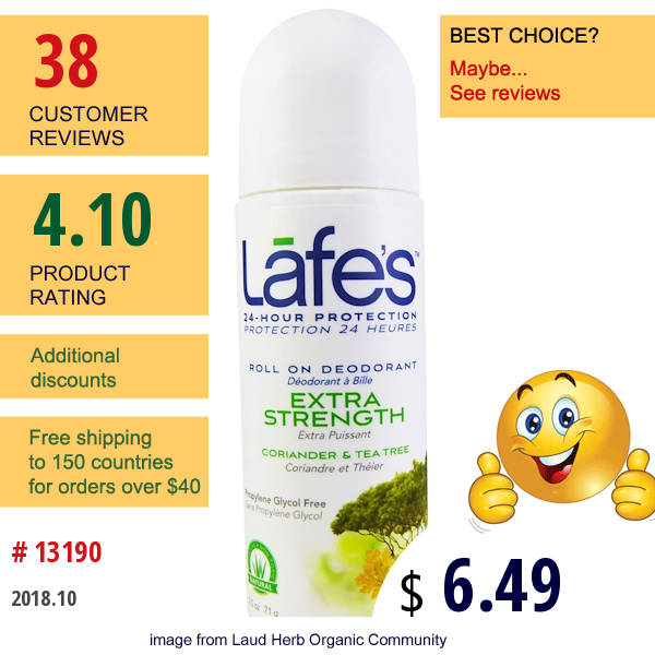 Lafes Natural Body Care, Roll On Deodorant, Extra Stength, Coriander & Tea Tree, 2.5 Oz (71 G)