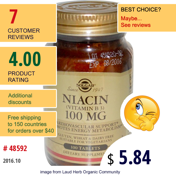 Solgar, Niacin (Vitamin B3), 100 Mg, 100 Tablets