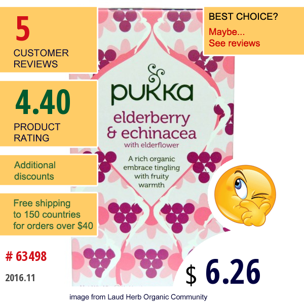 Pukka Herbs, Elderberry & Echinacea, 20 Fruit Tea Sachets, 1.41 Oz (40 G) Each