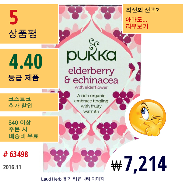 Pukka Herbs, Elderberry & Echinacea , 20 Fruit Tea Sachets, 1.41 Oz (40 G) Each