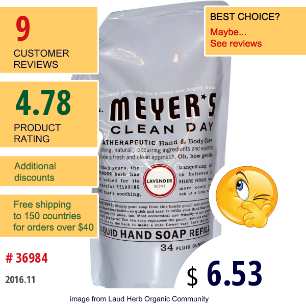 Mrs. Meyers Clean Day, Aromatherapeutic Hand & Body Care, Liquid Hand Soap Refill, Lavender, 34 Fl Oz (1 L)  