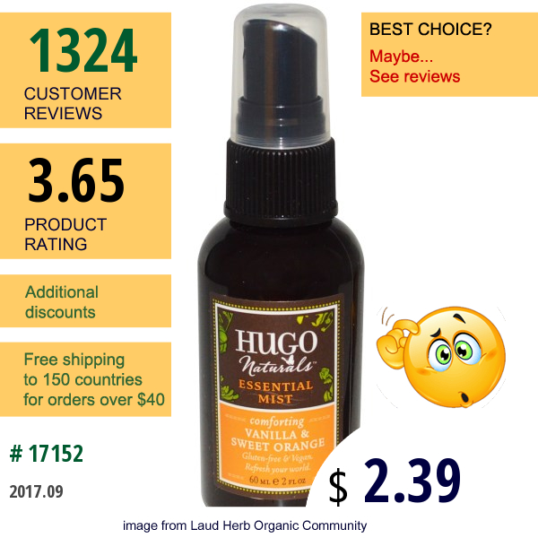 Hugo Naturals, Essential Mist, Vanilla & Sweet Orange, 2 Fl Oz (60 Ml)  