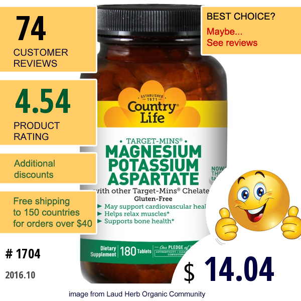 Country Life, Magnesium Potassium Aspartate, 180 Tablets