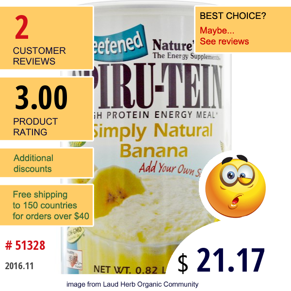 Natures Plus, Spiru-Tein, High Protein Energy Meal, Simply Natural Banana, Unsweetened, 0.82 Lb (370 G)