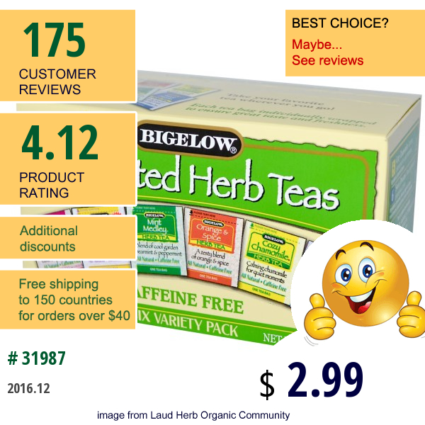 Bigelow, Assorted Herb Teas, Six Variety Pack, Caffeine Free, 18 Tea Bags, 1.03 Oz (29 G)
