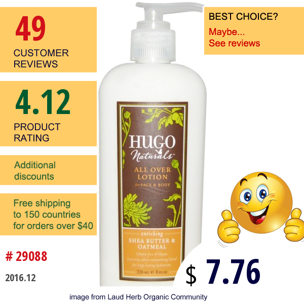 Hugo Naturals, All Over Lotion, Shea Butter & Oatmeal, 8 Fl Oz (236 Ml)