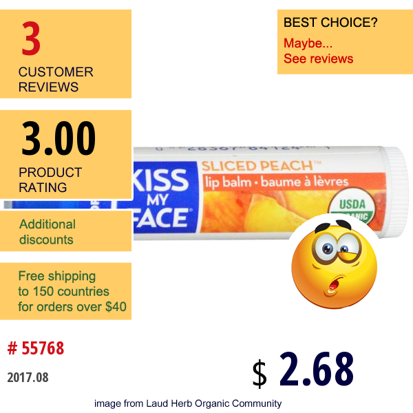 Kiss My Face, Organic Lip Balm, Sliced Peach, .18 Oz (5.1 G) Kiss My Face, Organic Lip Balm, Sliced Peach, .18 Oz (5.1 G)