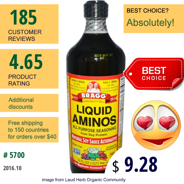 Bragg, Liquid Aminos, All Purpose Seasoning, Natural Soy Sauce Alternative, 32 Fl Oz (946 Ml)  