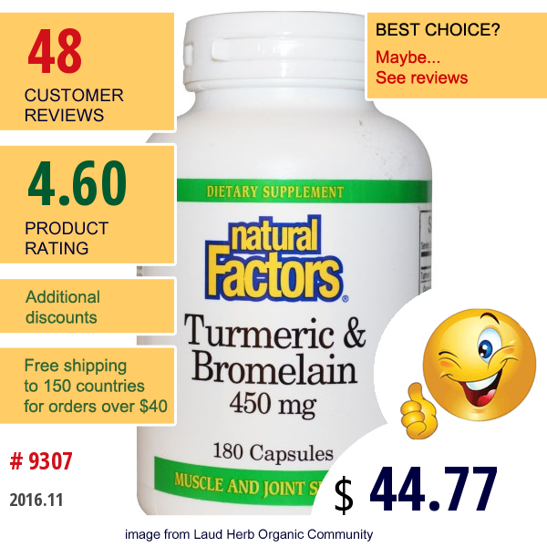 Natural Factors, Turmeric & Bromelain, 450 Mg, 180 Capsules