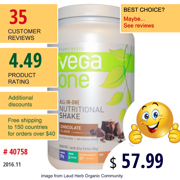 Vega, Vega One, All-In-One Nutritional Shake, Chocolate, 30.9 Oz (876 G)