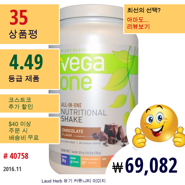 Vega, Vega One, 올인원 영양 셰이크, 초콜릿, 30.9 Oz (876 G)