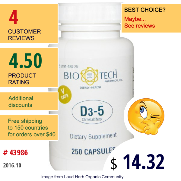 Bio Tech Pharmacal, Inc, D3-5 Cholecalciferol, 250 Veggie Caps