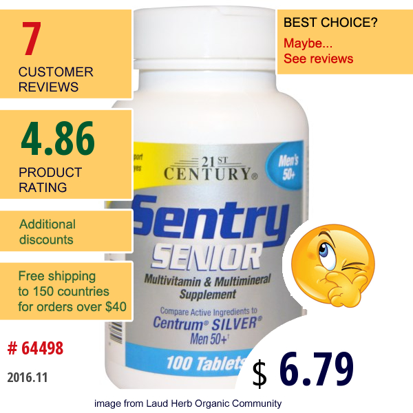 21St Century, Sentry, Senior, Mens 50+, Multivitamin & Multimineral Supplement, 100 Tablets