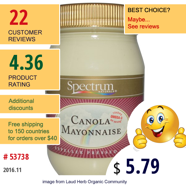 Spectrum Naturals, Canola Mayonnaise, 16 Fl Oz (473 Ml)