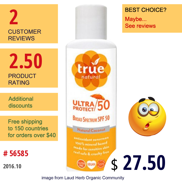 True Natural, Ultra Protect 50, Natural Coconut, 4 Fl Oz (118 Ml)  