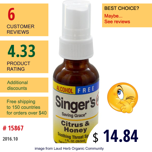 Herbs Etc., Singers, Saving Grace, Soothing Throat Spray, Citrus & Honey, Alcohol Free, 1 Fl Oz (29.5 Ml)