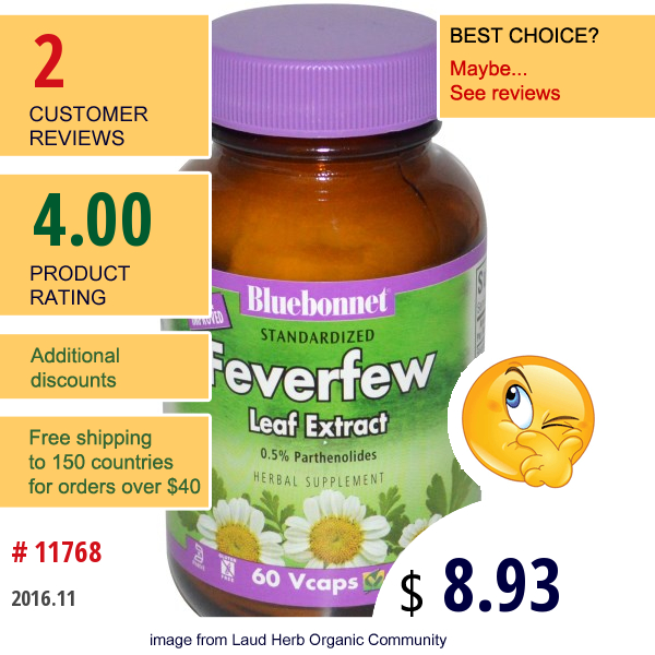Bluebonnet Nutrition, Feverfew Leaf Extract, 60 Vcaps  