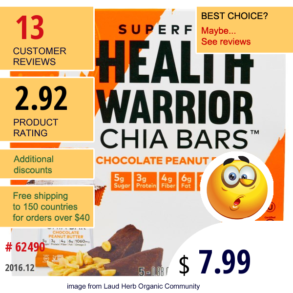 Health Warrior, Inc., Superfood Chia Bars, Chocolate Peanut Butter, 5 Bars, 0.88 Oz (25 G) Each