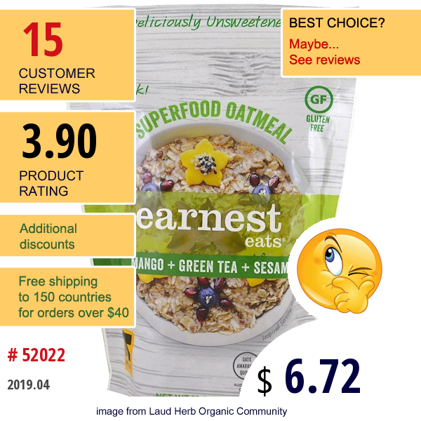 Earnest Eats, Superfood Oatmeal, Mango + Green Tea + Sesame, 12.6 Oz (357 G)  