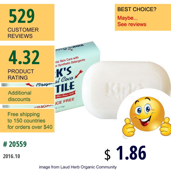 Kirks, Original Coco Castile Bar Soap, Fragrance Free, 4 Oz (113 G)