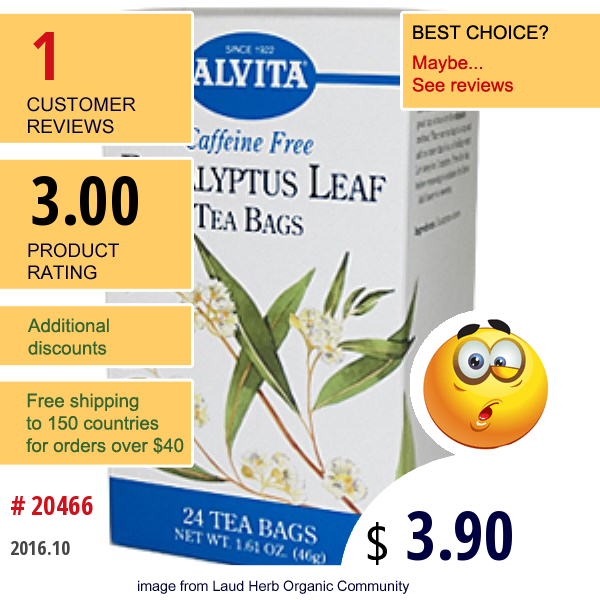 Alvita Teas, Eucalyptus Leaf Tea Bags, Caffeine Free, 24 Tea Bags  