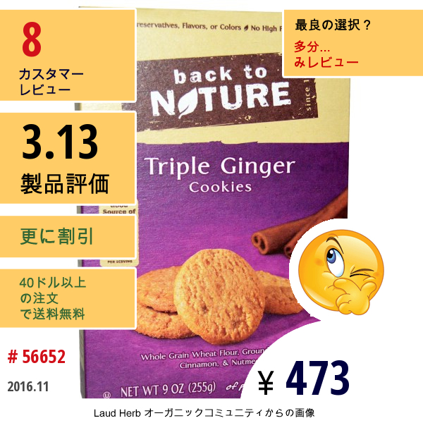 Back To Nature, トリプル ジンジャー クッキー、9オンス(255 G)  