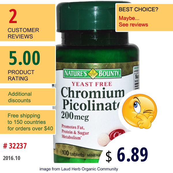 Natures Bounty, Chromium Picolinate, Yeast Free, 200 Mcg, 100 Tablets  