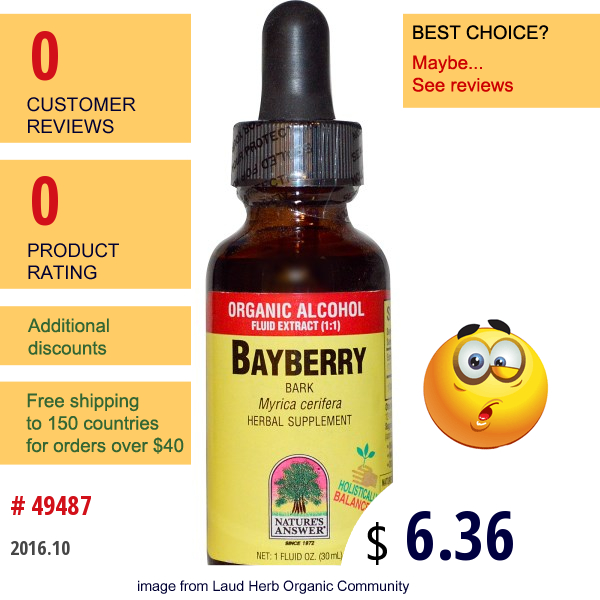 Natures Answer, Bayberry, Bark, Organic Alcohol Fluid Extract (1:1), 1 Fl Oz (30 Ml)  