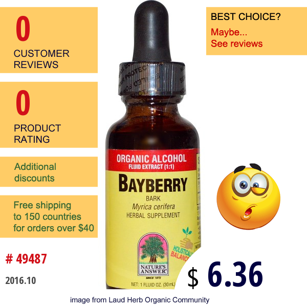 Natures Answer, Bayberry, Bark, Organic Alcohol Fluid Extract (1:1), 1 Fl Oz (30 Ml) Natures Answer, Bayberry, Bark, Organic Alcohol Fluid Extract (1:1), 1 Fl Oz (30 Ml)