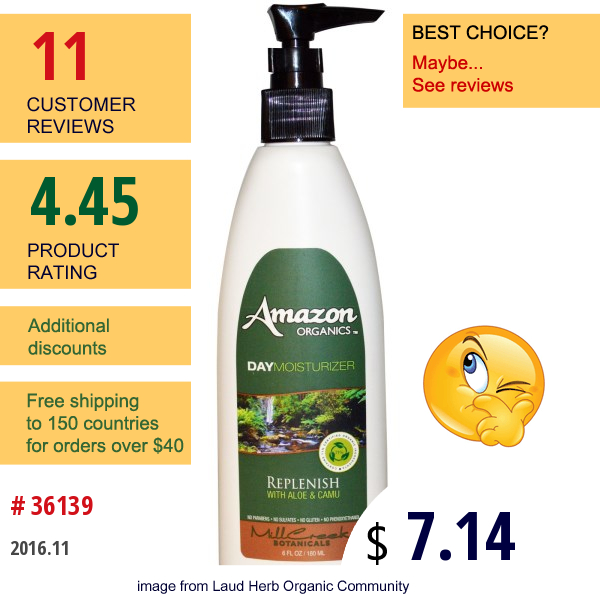 Amazon Organics, Day Moisturizer, Replenish, With Aloe & Camu, 6 Fl Oz (180 Ml)  