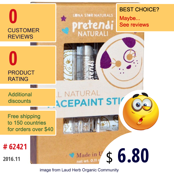 Luna Star Naturals, Pretendi Naturali, All Natural Facepaint Stick, Silver, 0.11 Oz (3 G)