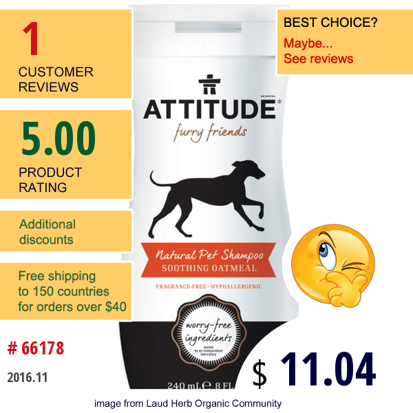 Attitude, Furry Friends, Natural Pet Shampoo, Soothing Oatmeal, 8 Fl Oz (240 Ml)