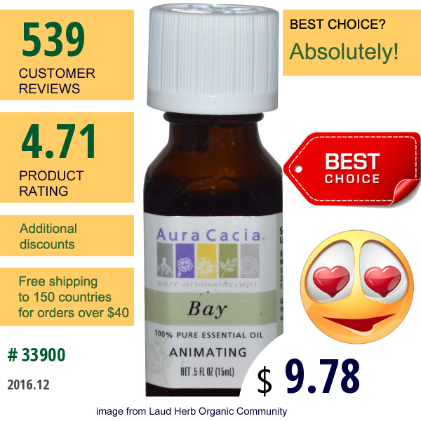 Aura Cacia, 100% Pure Essential Oil, Bay, Animating, .5 Fl Oz (15 Ml)