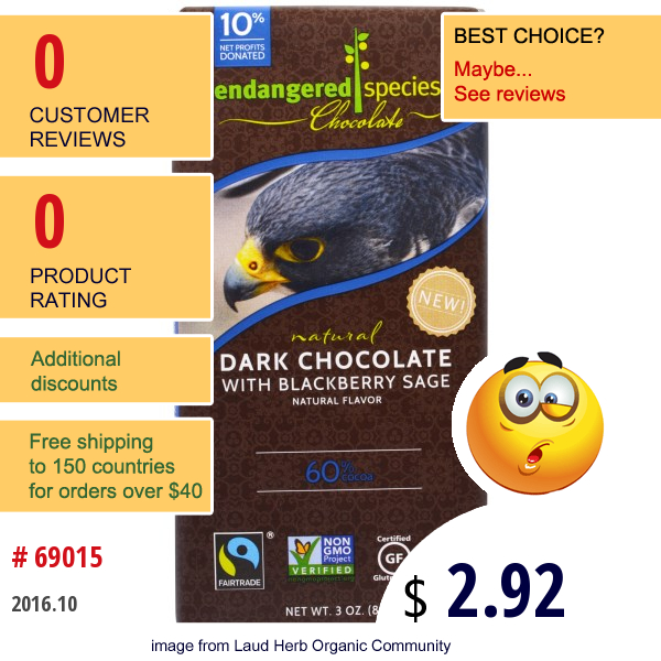 Endangered Species Chocolate, Dark Chocolate With Blackberry Sage, Natural, 3 Oz (85 G)