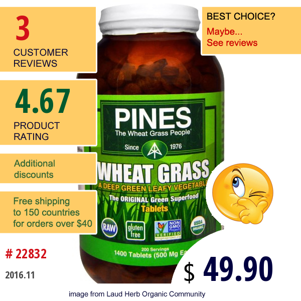 Pines International, Organic Pines Wheat Grass, 500 Mg, 1400 Tablets