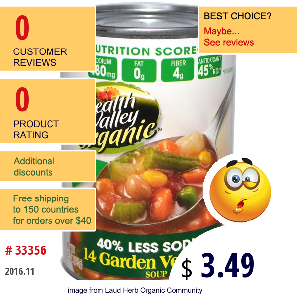 Health Valley, Organic, 14 Garden Vegetable Soup, 15 Oz (425 G)