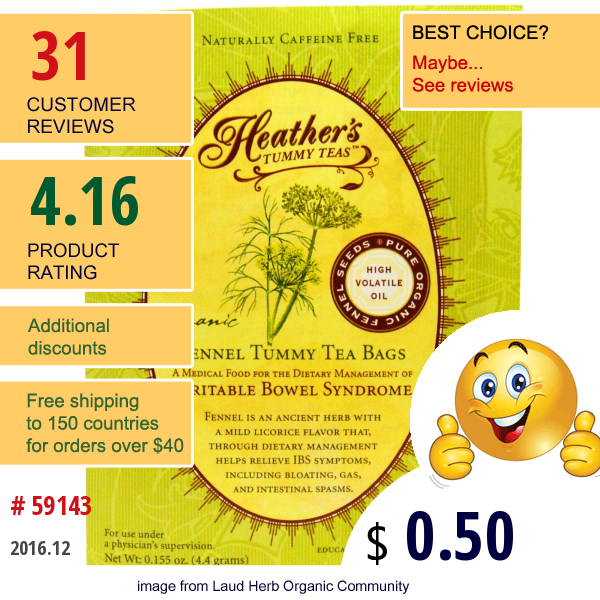 Heathers Tummy Care, Organic Fennel Tummy Tea Bags, 1 Tea Bag  