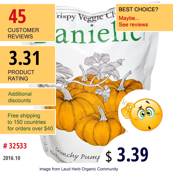 Danielle Chips, Crispy Veggie Chips, Crunchy Pumpkin,  2 Oz (56 G)  
