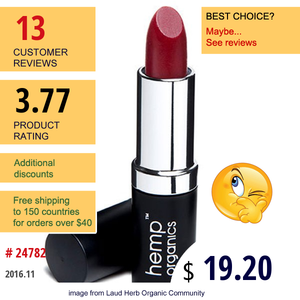 Colorganics Inc., Hemp Organics, Lipstick, Garnet, 0.14 Oz