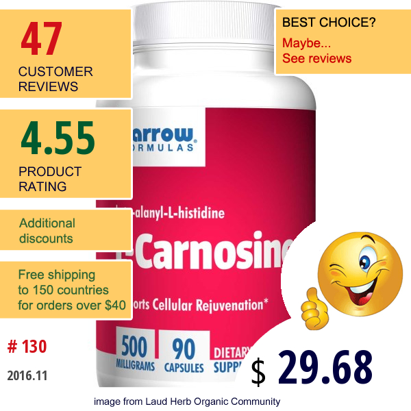 Jarrow Formulas, L-Carnosine, Beta-Alanyl-L-Histidine, 500 Mg, 90 Capsules