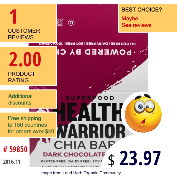 Health Warrior, Inc., Chia Bars, Dark Chocolate Cherry, 15 Bars (25 G) Each