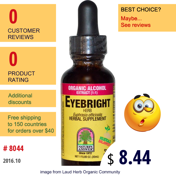 Natures Answer, Eyebright Herb, Organic Alcohol Extract (1:1), 1 Fl Oz (30 Ml) Natures Answer, Eyebright Herb, Organic Alcohol Extract (1:1), 1 Fl Oz (30 Ml)