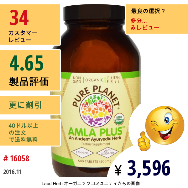 Pure Planet, アムラプラス（Amla Plus）, 500 Mg, 500錠（500 Mg）