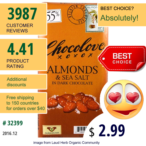 Chocolove, Almonds & Sea Salt In Dark Chocolate, 3.2 Oz (90 G)