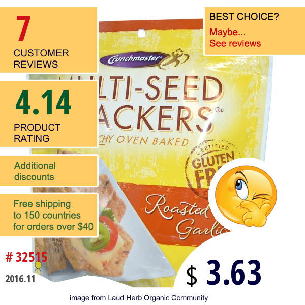 Crunchmaster, Multi-Seed Crackers, Roasted Garlic, 4.5 Oz (127 G)