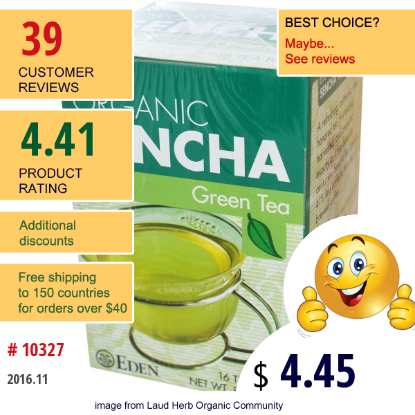 Eden Foods, Organic, Sencha Green Tea, 16 Tea Bags, .84 Oz (24 G)