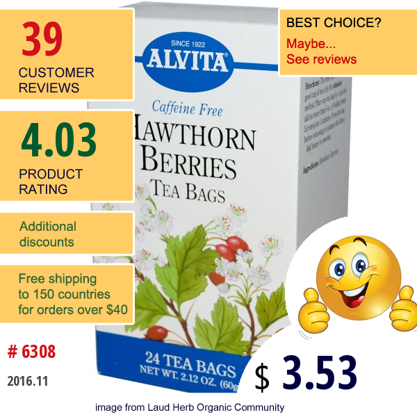 Alvita Teas, Hawthorn Berries, Caffeine Free, 24 Tea Bags, 2.12 Oz (60 G)  