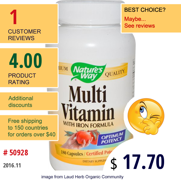 Natures Way, Multi Vitamin, With Iron Formula, 180 Capsules  