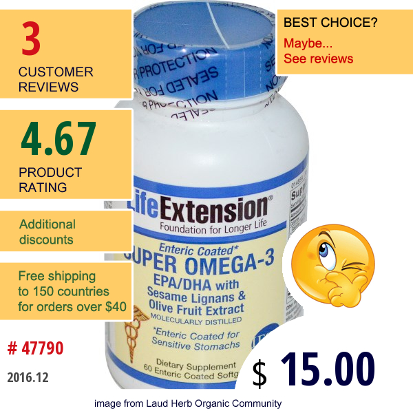 Life Extension, Super Omega-3 Epa/dha With Sesame Lignans & Olive Fruit Extract, 60 Enteric Coated Softgels  