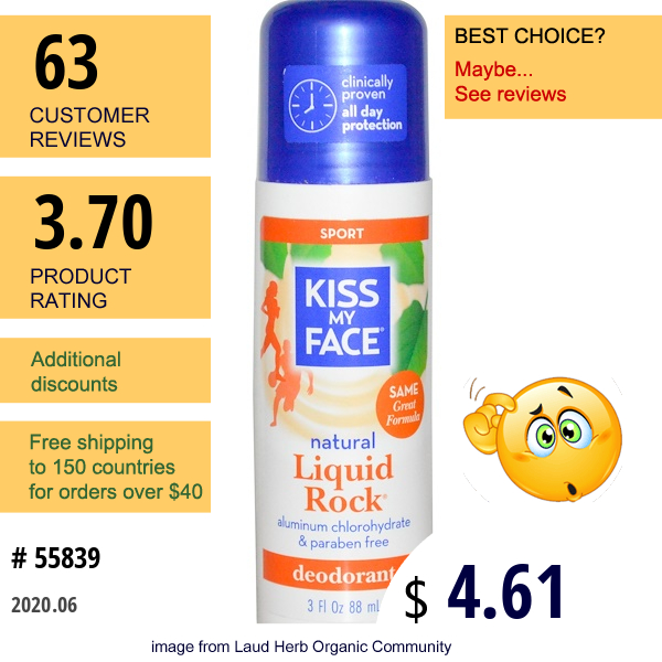 Kiss My Face, Natural Liquid Rock Deodorant, Sport, 3 Fl Oz (88 Ml)  